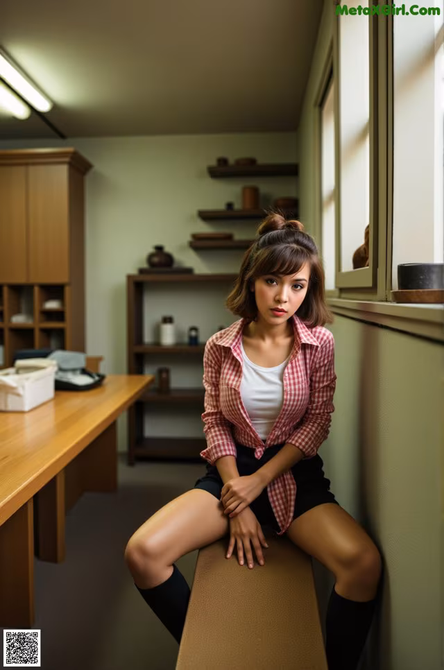A woman sitting on a bench in an office.