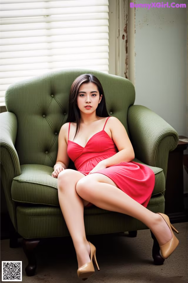 A woman in a red dress sitting on a green chair.