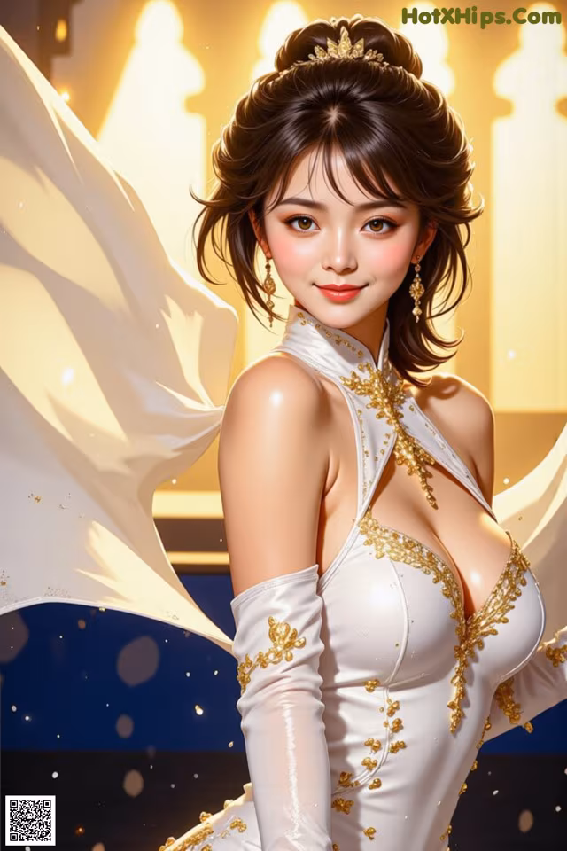 A woman in a white dress with a tia on her head.