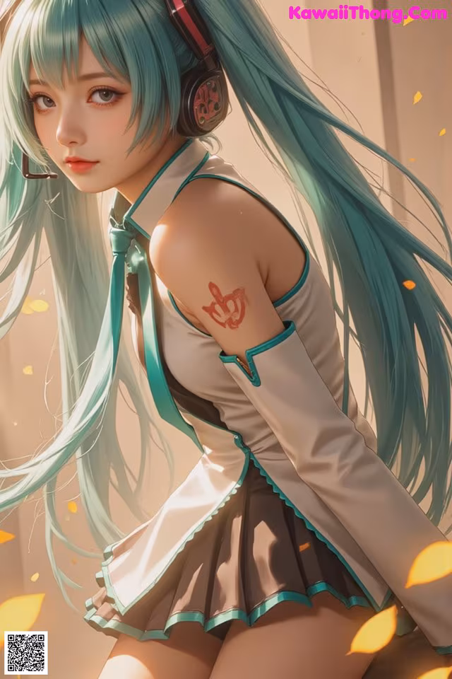 A girl with long green hair wearing headphones.