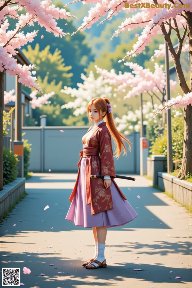 A woman in traditional attire stands under cherry blossoms on a sunny day.