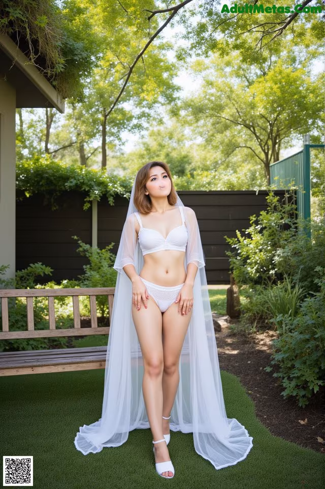 A woman in a white lingerie posing for a picture.