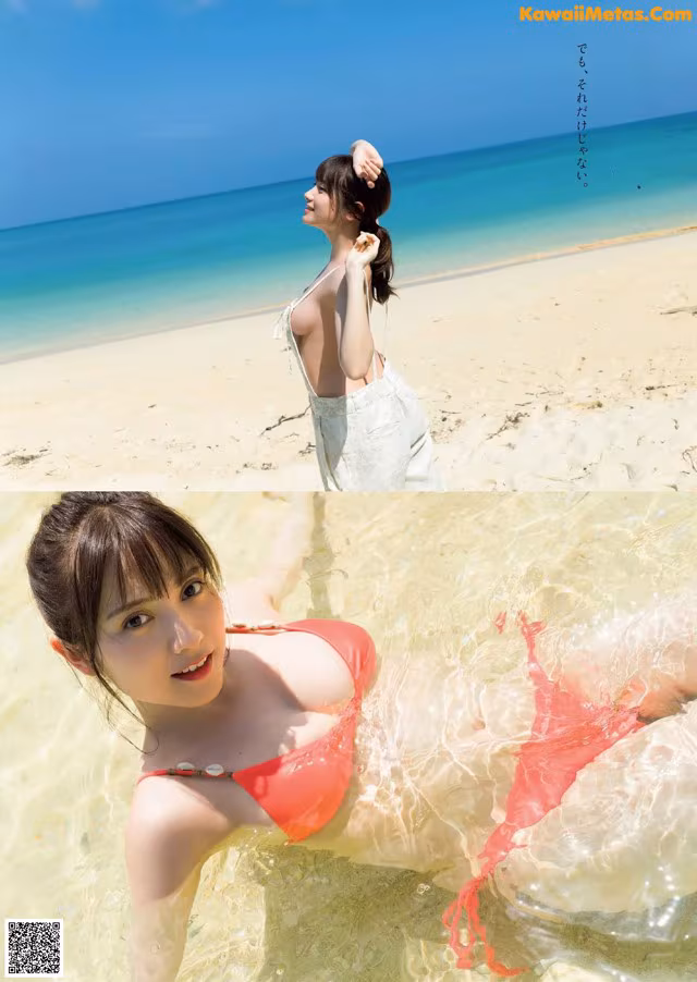 A woman in a red bikini laying in the water.