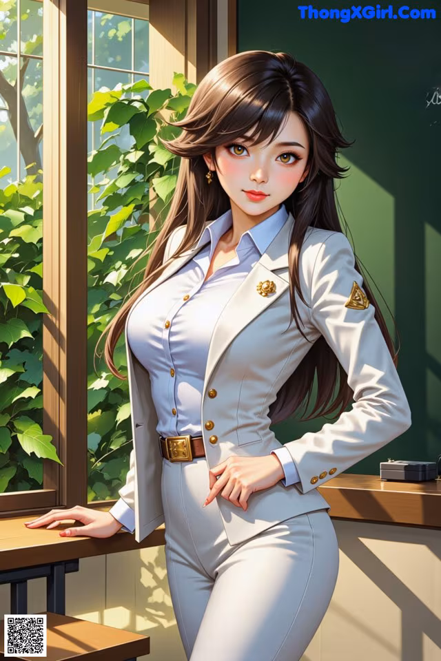 A woman in a white suit standing in front of a window.