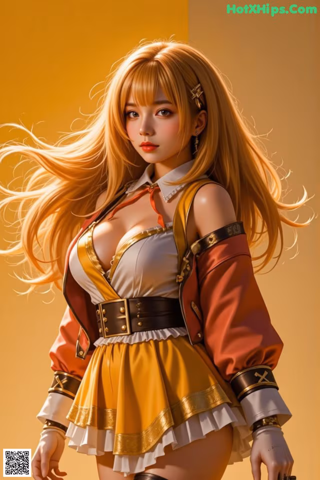 A woman with long blonde hair wearing a yellow and red outfit.