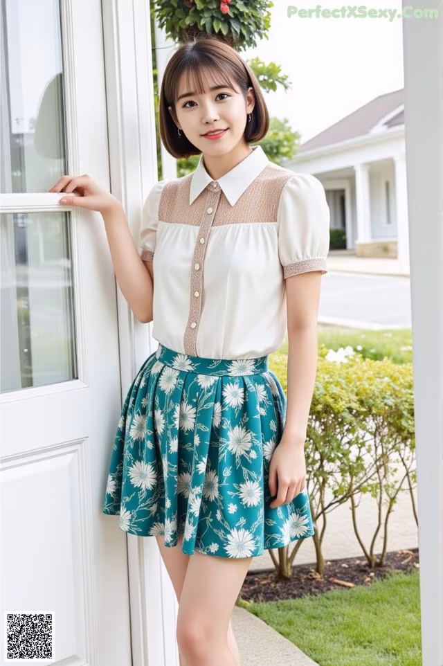 a woman standing in front of a door wearing a white shirt and green skirt