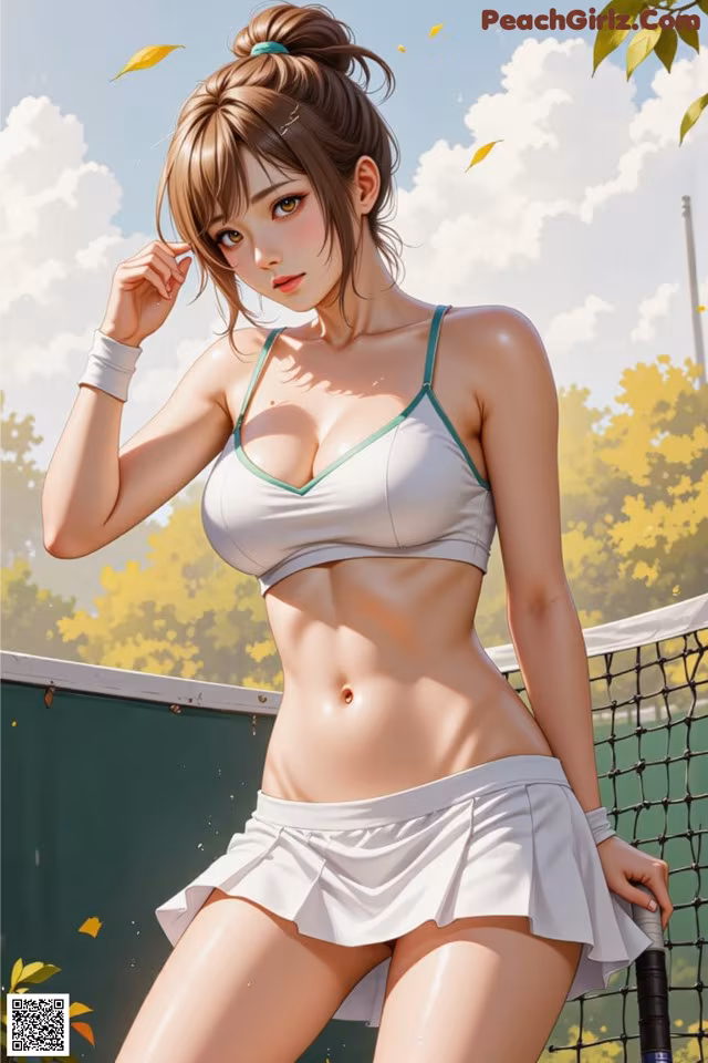 A woman in a white bikini holding a tennis racket.