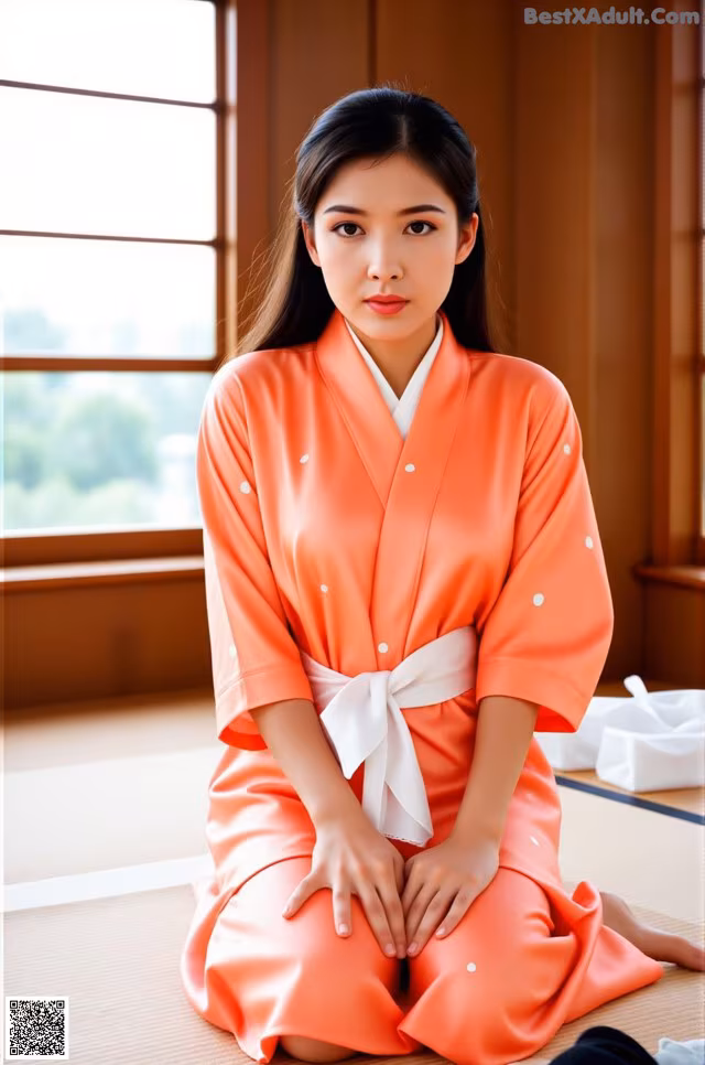 A woman in an orange kimono sitting on the floor.
