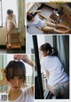 A collage of photos of a woman sitting on a chair.