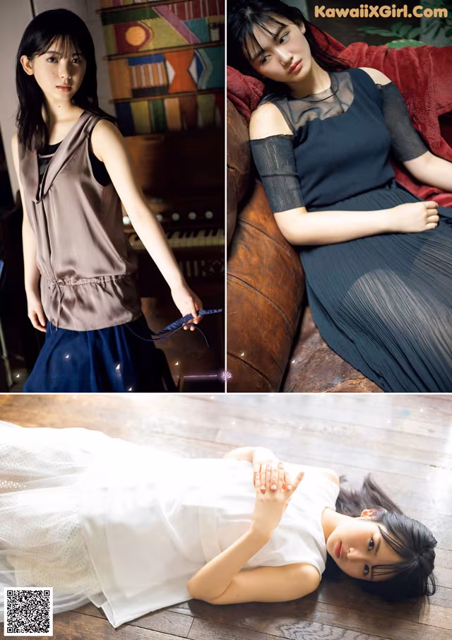 A woman laying on the floor next to a piano.